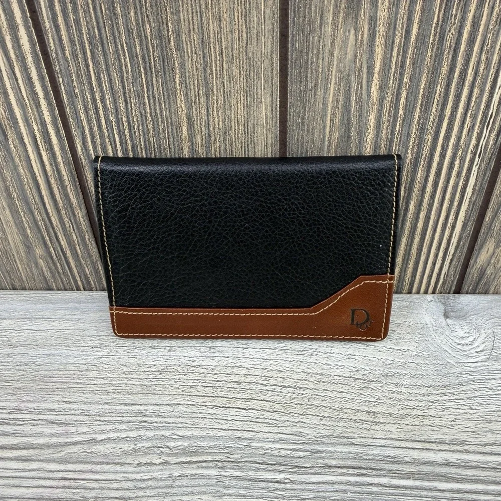 Vintage Christian Dior Leather Checkbook Cover Wallet Black Brown ID Holder